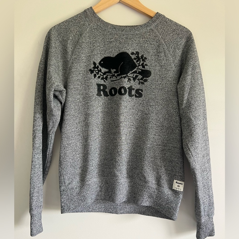 Roots Salt & Pepper Crewneck Sweater with Black Beaver Design